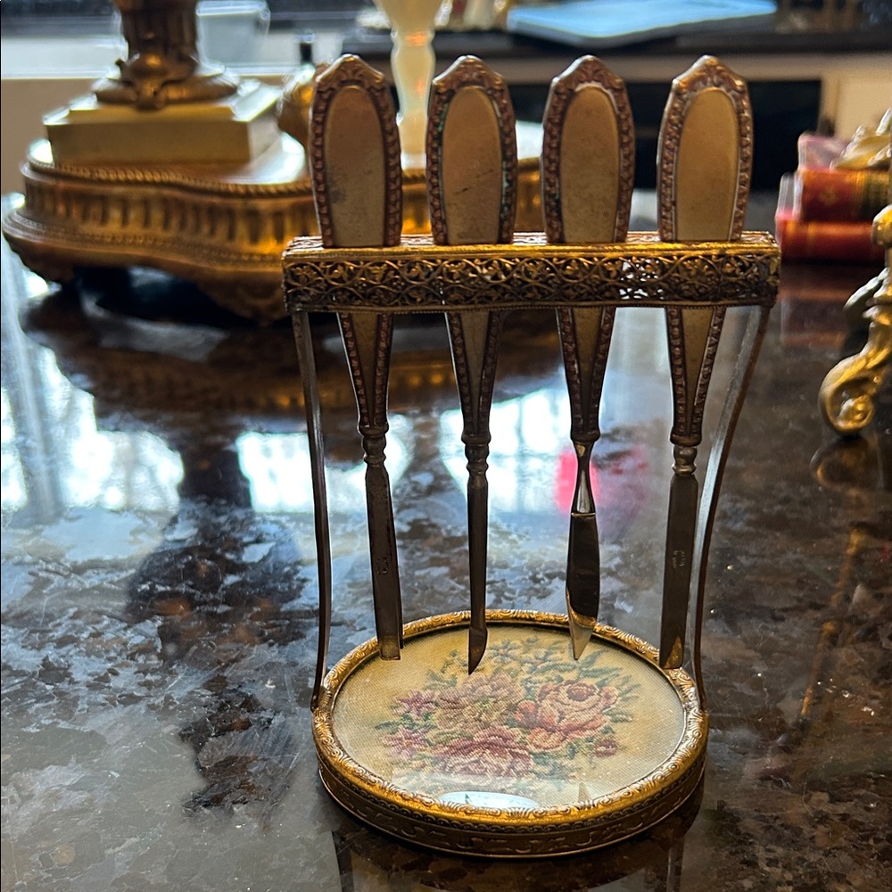 Antique Gold Toned Manicure Set with Floral Base